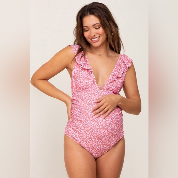 Pinkblush floral ruffle trim one piece maternity swimsuit nwot - Picture 1 of 6